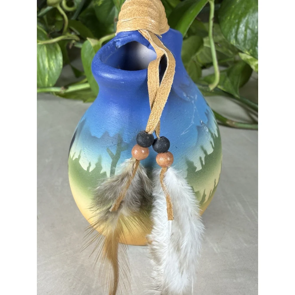 Hand Painted Vtg Native American Ceramic Wedding Vase Blue Bird Flying Feathers